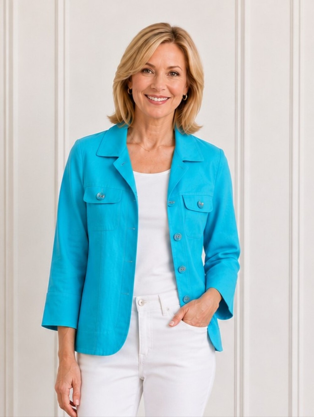 East 5th Turquoise Jacket Button Up Linen-Blend ¾ Length Sleeves, Size PS